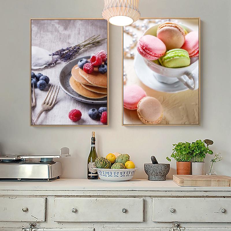 Вкусное миндальное печенье, фруктовый десерт, кофе, хлеб, кухонный постер, холст, картина, настенная художественная картина для столовой, ресторана