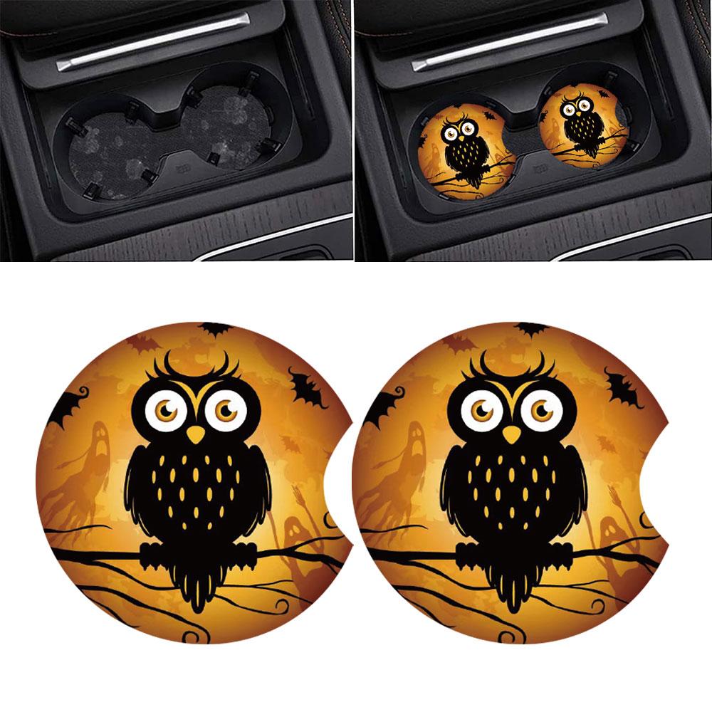 2 шт., противоскользящий коврик с изображением совы на Хэллоуин, автомобильный коврик для чашки с водой, слот для автомобильного подстаканника, украшение для интерьера, автостайлинг