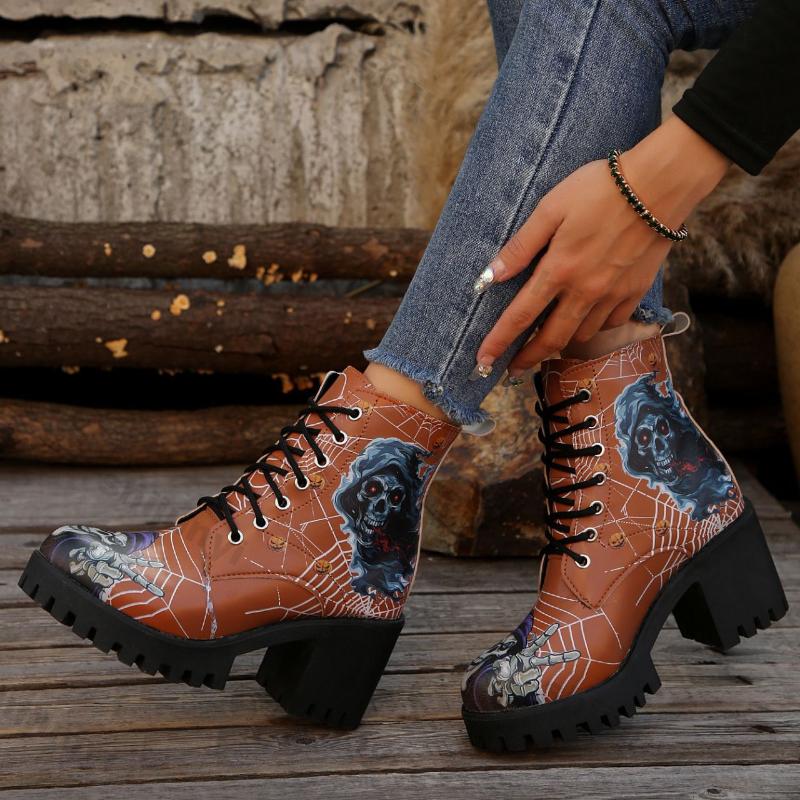 Мода Мода Принтованные Ботильоны на Платформе для Женщин Осень Зима Черные на Высоком Каблуке Короткие Ботинки Женские На шнуровке На Толстом Каблуке Botas Mujer