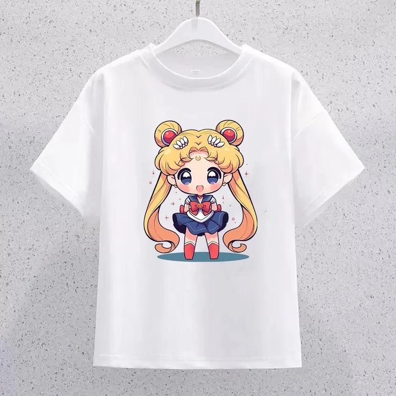 Sailor Moon Children Cotton Tshirt Cartoon Print Short Sleeve Tees Kawaii Pullover Girls Summer Casual Tops Kids Birthday Gifts