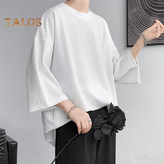 Men's Round Neck T-shirt Three-Quarter Length Sleeves Solid Color T-shirt Casual Style Loose Fit Tee Shirt for Street Travel Vacation