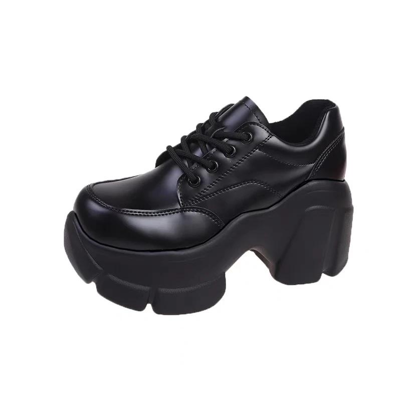 НОВЫЕ весенние и осенние туфли с круглым носком, шнуровкой, яркой кожаной подошвой, водонепроницаемой платформой, черными, на высоком каблуке, одинарные туфли