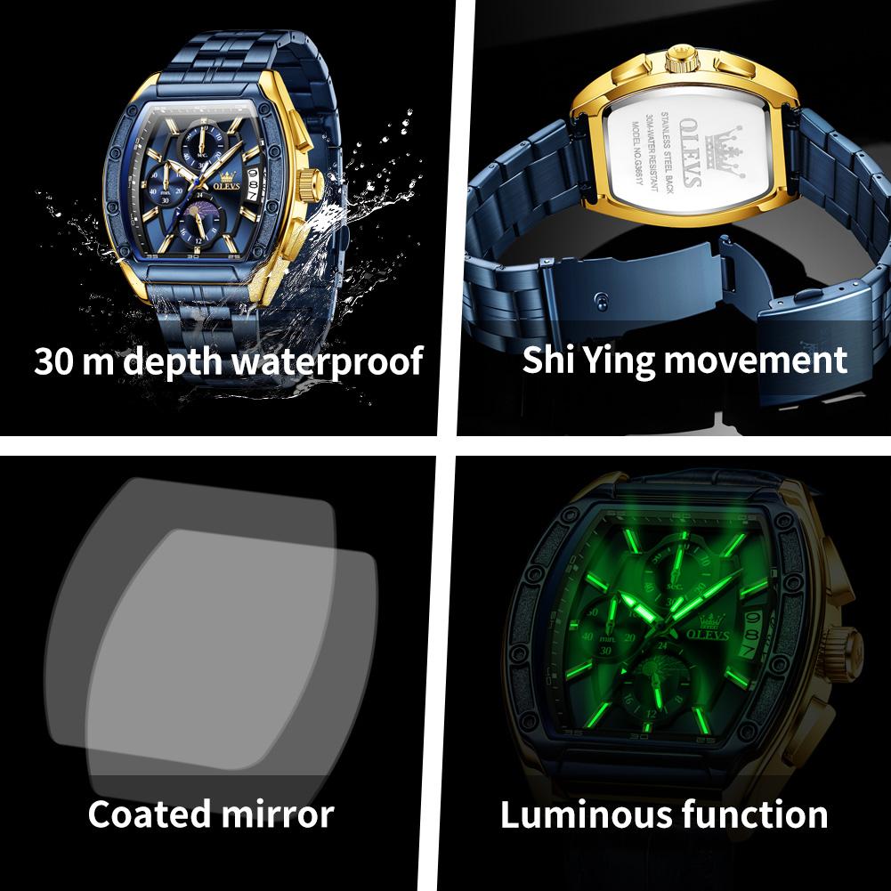 Men Watch Luxury Chronograph Quartz Watch Leather Waterproof Luminous Date Moon Phase Watches for Man Reloj