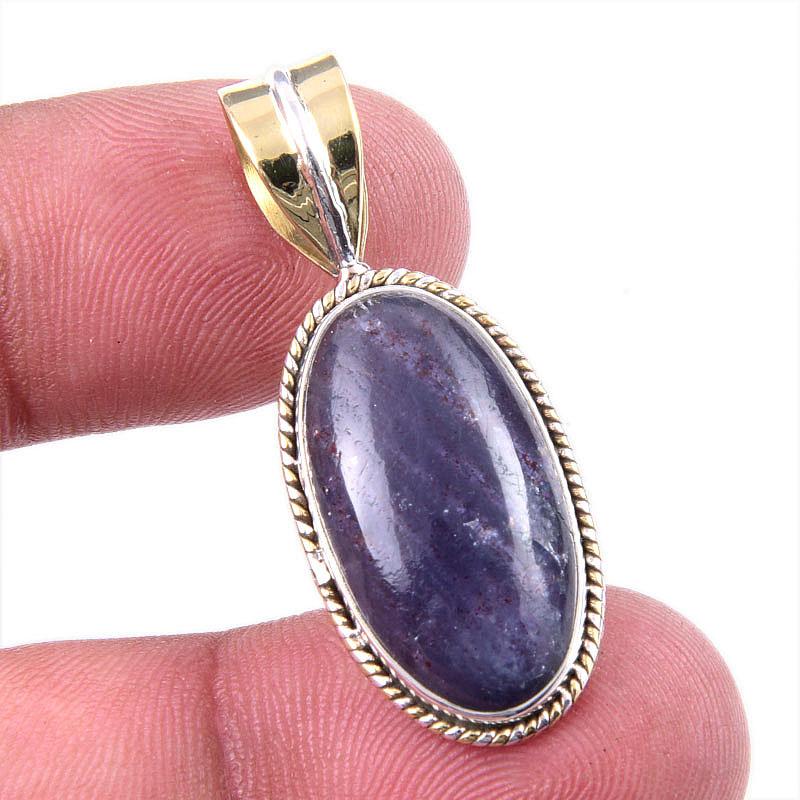 Natural Iolite Gemstone 925 Solid Sterling Silver Two Tone Pendant 1.50'' A8h23