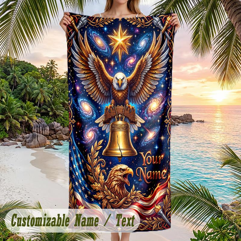 American Patriotic Theme Beach Towel Personalized Custom Name & Text Soft Quick Dry Beach Towel for Swimming Travel