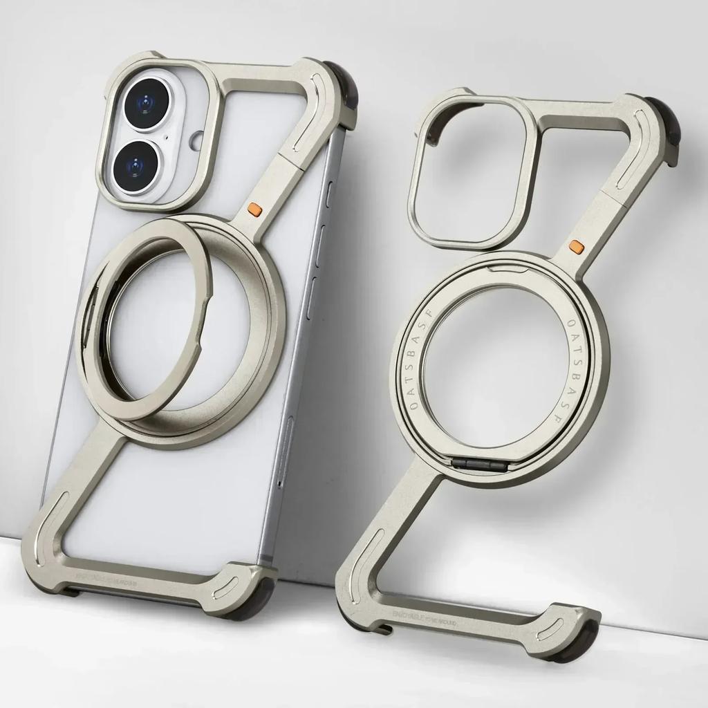 Oatsbasf Металлический чехол Z-образной формы для iPhone 16 15 14 Pro Max с подставкой, вращающейся на 360°, Magsafe, Минималистичный безрамочный защитный чехол