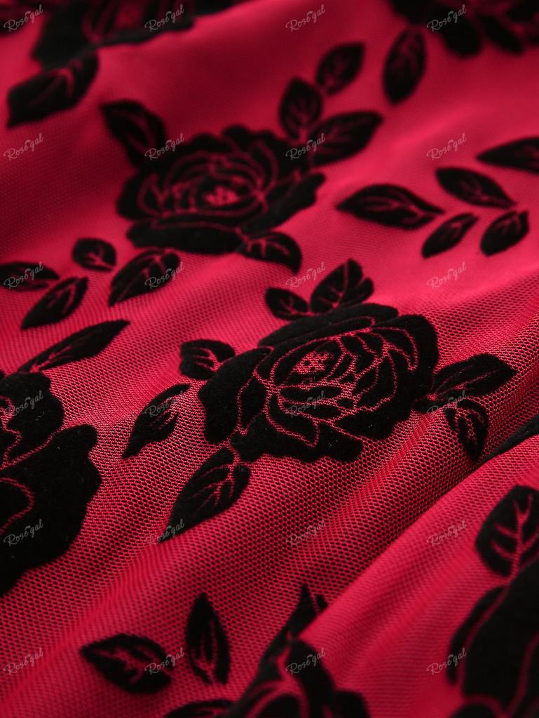 Rosegal Большие размеры Сетчатый воротник-хомутик с цветком розы, многослойный флокированный топ с рюшами и поясом, с рукавами-колокольчиками 2 в 1