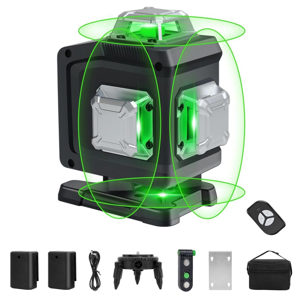 Laser 4D Green Laser Level for Building and Remote Magnetic Rotating Laser Safety Class 16 Level, Level, 4x360°, Alignment, Rechargeable, Control,