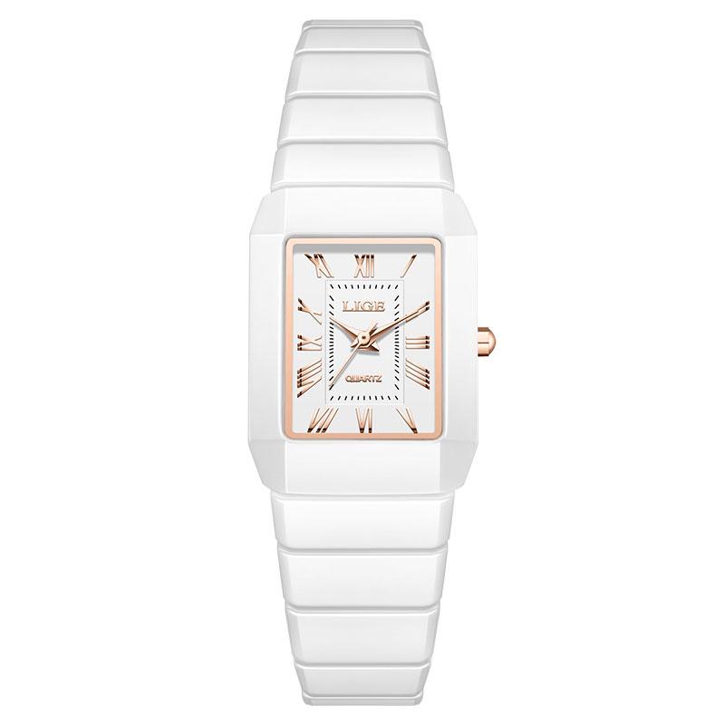 LIGE Luxury Rectangle Watch For Woman Waterproof Calendar Simple Ladies Watch Fashion Full Ceramic Quartz Women's Watches