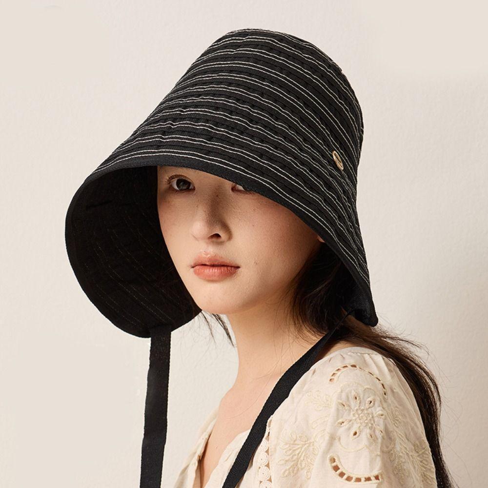 Solid Color Women Striped Fisherman Hat Ribbon Sunshade Hat Casual Bucket Hat Beach