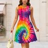 Women Plus Size Round Neck Sleeveless Rainbow Printed Gathered Waist A Line Dress