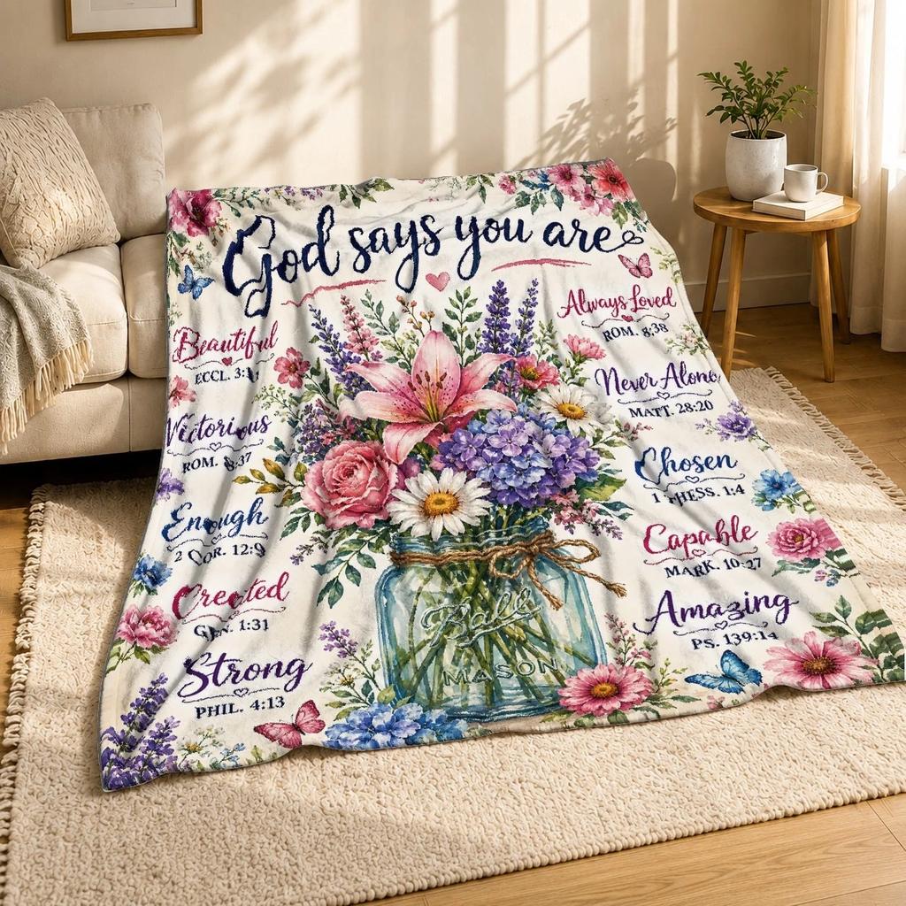 God Says You Are Coral Fleece Blanket Floral Bible Affirmations