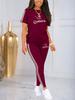 Women's Letter Crown Print Casual Round Neck Drawstring Short Sleeves and Pants Two-piece Set
