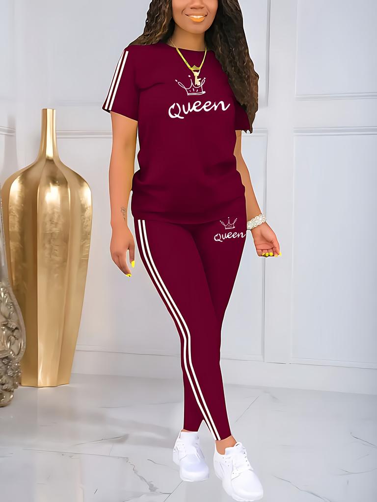 Women's Letter Crown Print Casual Round Neck Drawstring Short Sleeves and Pants Two-piece Set