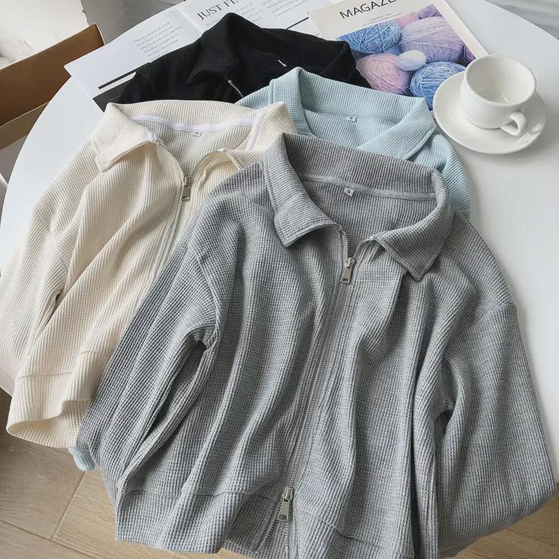 Women's Autumn Cotton Waffle Short Jacket, Korean Style, Loose Fit, Double Zipper Casual Cardigan