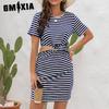 Женская мода лето весна сплошной полосатый принт с коротким рукавом и круглым вырезом с высокой талией повседневные платья