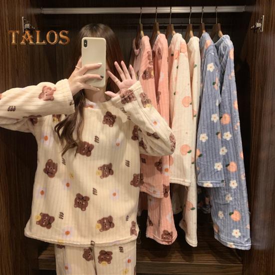 2 шт./комплект Женская зимняя пижама с круглым вырезом и рисунком медведя и персика, длинный рукав, коралловый флис, домашняя одежда, топ и штаны, комплект, свободная домашняя одежда для женщин