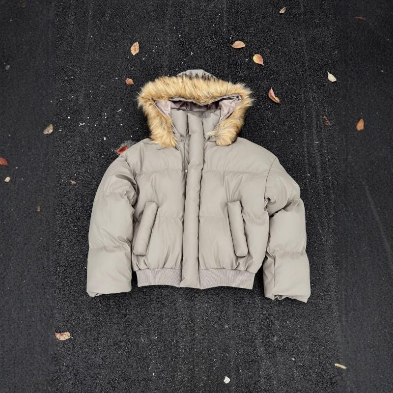 Mens Winter Warm Hooded Puffer Jacket With Detachable Faux Fur Collar Short PU Leather Coat Casual Outdoor Wear