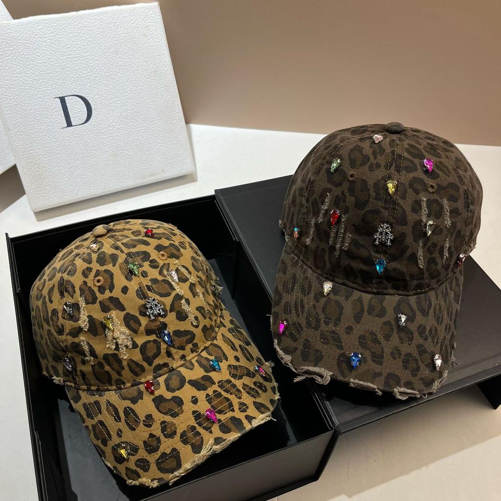 Youth Personality Publicity Leopard Print Ripped Baseball Cap Heavy Industry Rhinestone Cross Cap Women