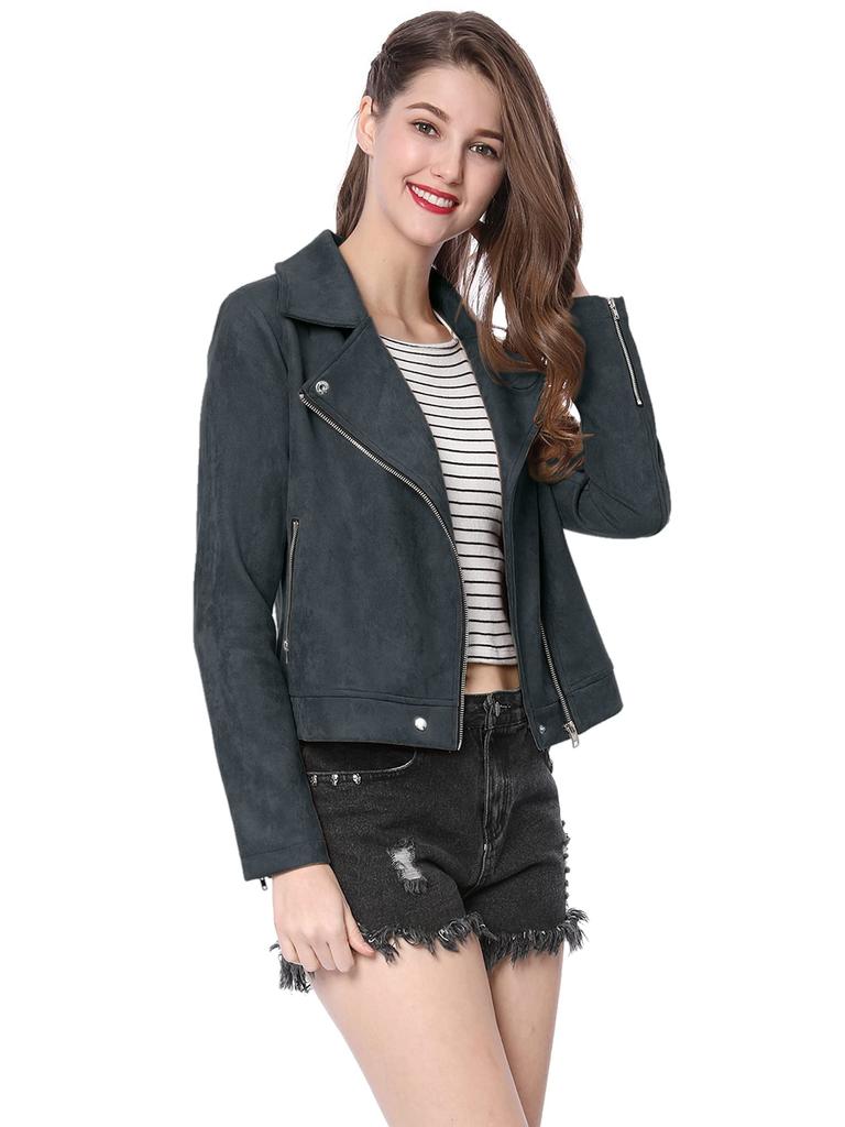 Allegra K Женская повседневная куртка, Длинный рукав, Короткая длина, Замша, Темно-синий, Размер L