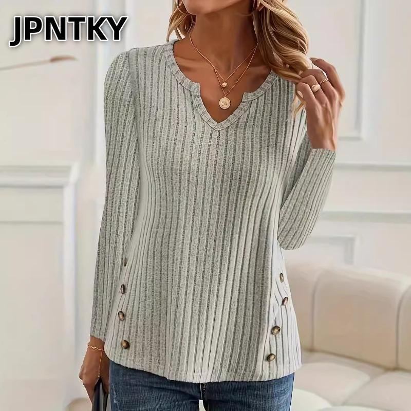 JPNTKY Женская Модная Повседневная Однотонная Печатная Блузка & Рубашка с Длинным Рукавом и V-образным Вырезом
