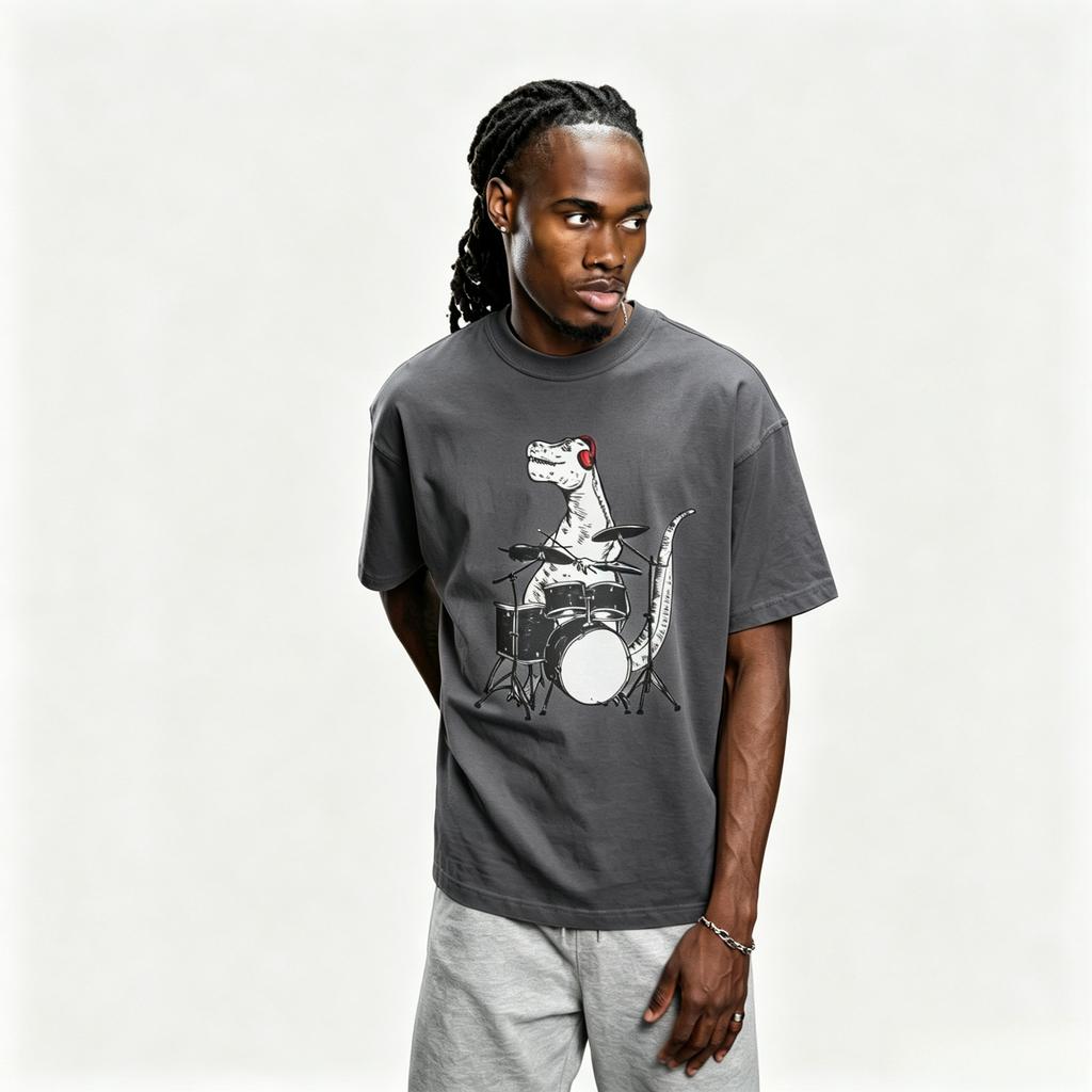 Dinosaur Drummer Tshirt Summer Music Style Casual Shortsleeved Shirt Tshirt With Dinosaur Pattern Printed Tshirt