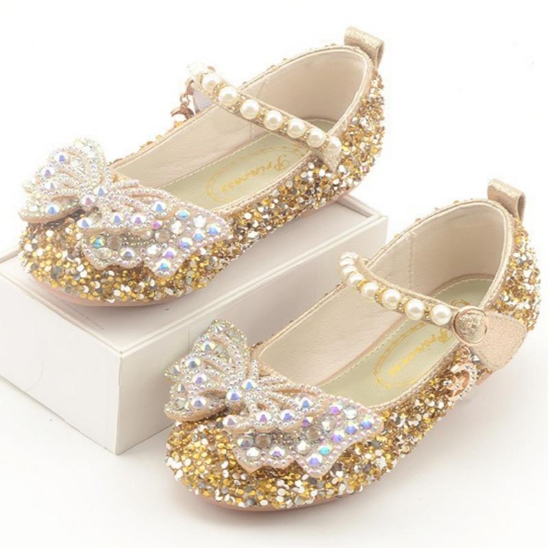Korean Style Rhinestone Big Bow Girl Princess Shoes Beaded Crystal Children's Shoes Soft Sole Leather Shoes