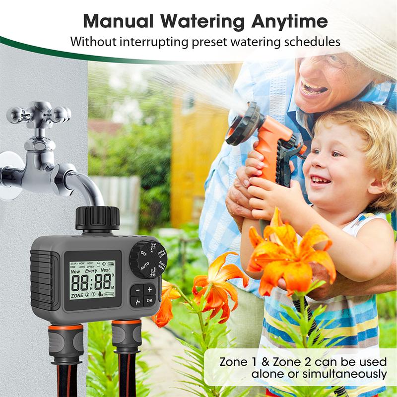 TNCE 1/2 outlet Irrigation Sprinkler Timer IPX5 Rain delay Programmable Water Valve Controller Garden Lawn Yard Drip Soil tester
