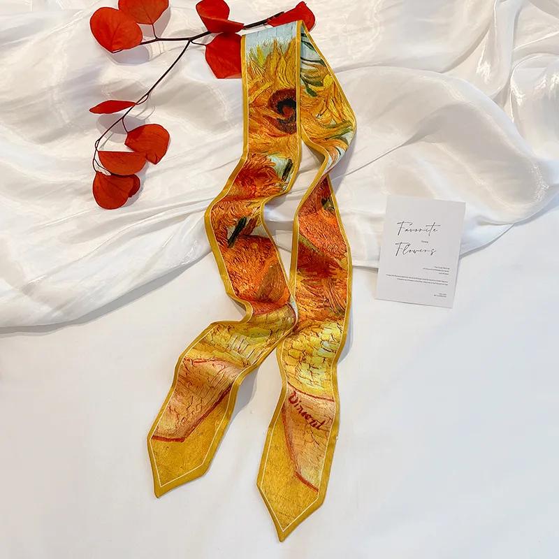 Длинная повязка на голову, узкий шейный платок, женский шарф для волос, модная повязка на голову, милый галстук, шарфы, шелковистый шарф с роскошным принтом, шарф для сумки для дам