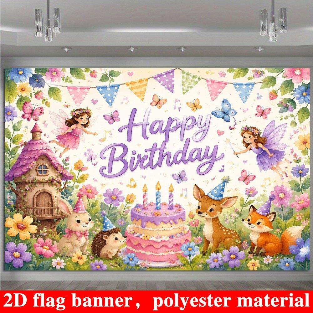 2D Flat Banner, Birthday Forest Backdrop, Cake, Forest Cabin, Butterflies, Forest Animals, Party Decor