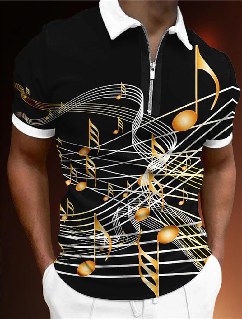 Мужская футболка на молнии, поло с принтом в виде гольфа, ноты, легкие короткие рукава, одежда на молнии, модная повседневная одежда