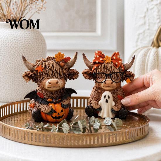 Wooden Base Ornament 2PCS Highland Cow Ornament, Rustic Style Figurine, Thanksgiving Home Accent Theme Wood Art, for Entrance Living Room Decor Animal