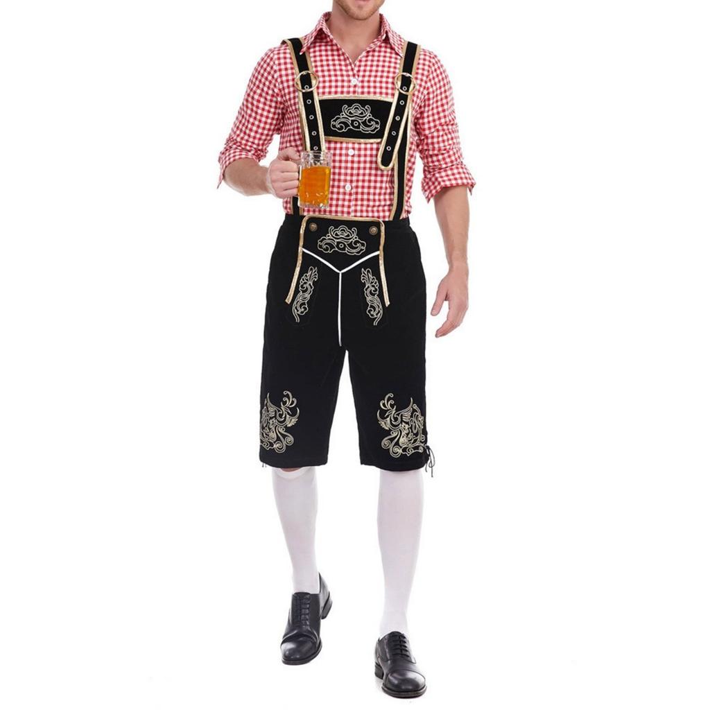 Men's Traditional Bavarian Outfit Lederhosen Set with Embroidered Suspenders and Checkered Shirt Suitable for Oktoberfest Costume Party