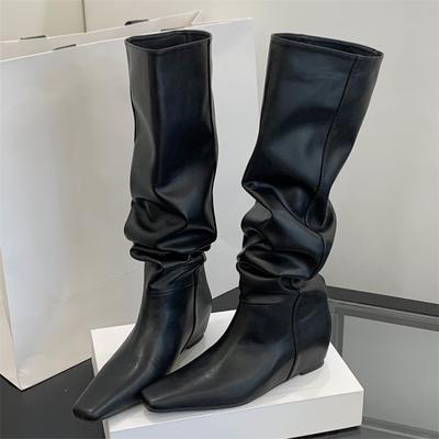 Eilyken Осенне-зимняя мода Плиссированные Сапоги выше колена с острым носком Женские клиновидные каблуки Длинная обувь Botas Largas Mujer