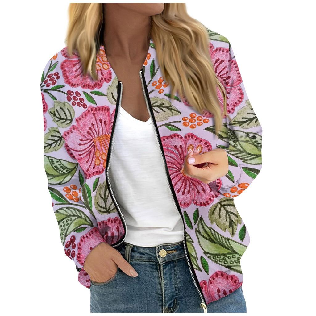 Women's Fashionable Casual Long Sleeve Floral/Leaf Print Round Neck Zipper Jacket