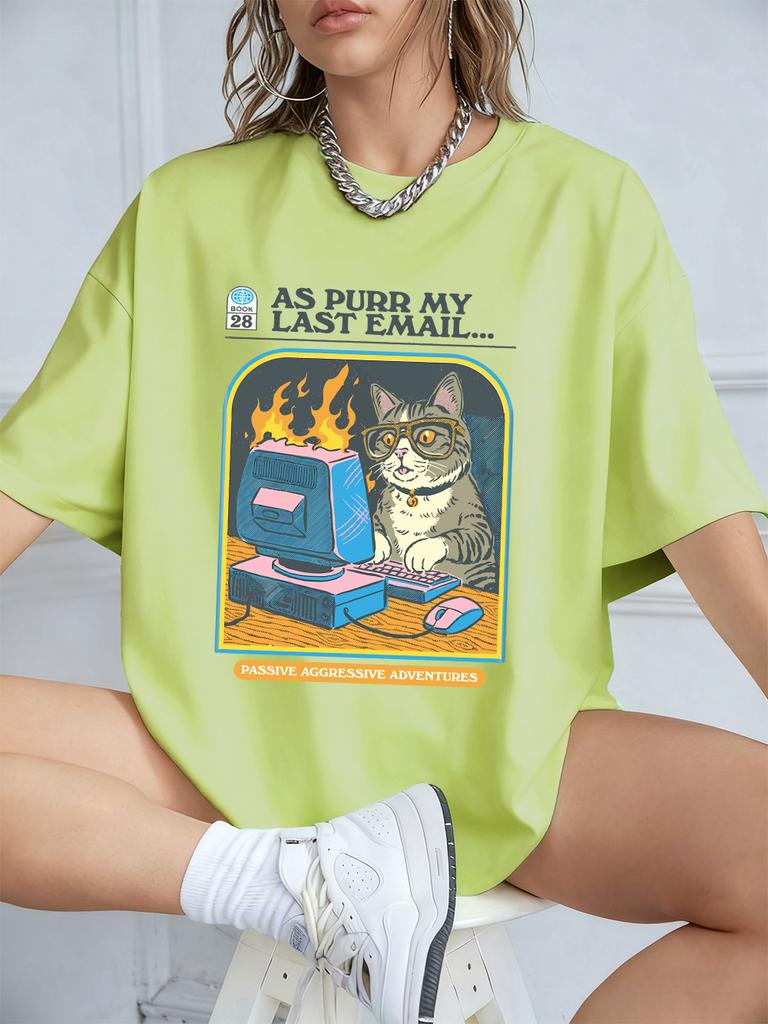 Cat Playing Computer Games Printed TShirts Womens Summer Cotton Short Sleeve T Shirt Loose ONeck Soft Tops Basic Woman Clothes