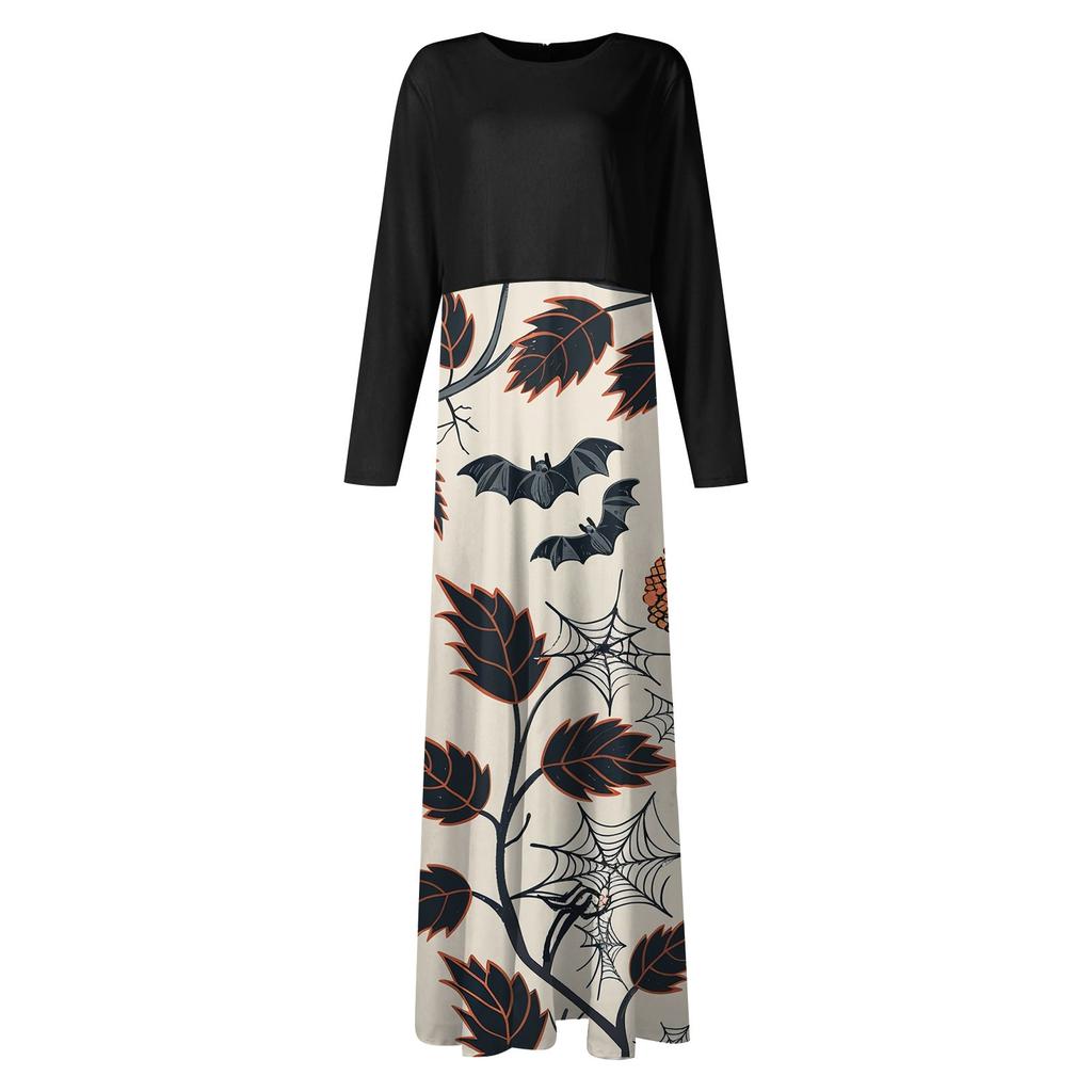 Женское модное повседневное платье макси с круглым вырезом и длинными рукавами