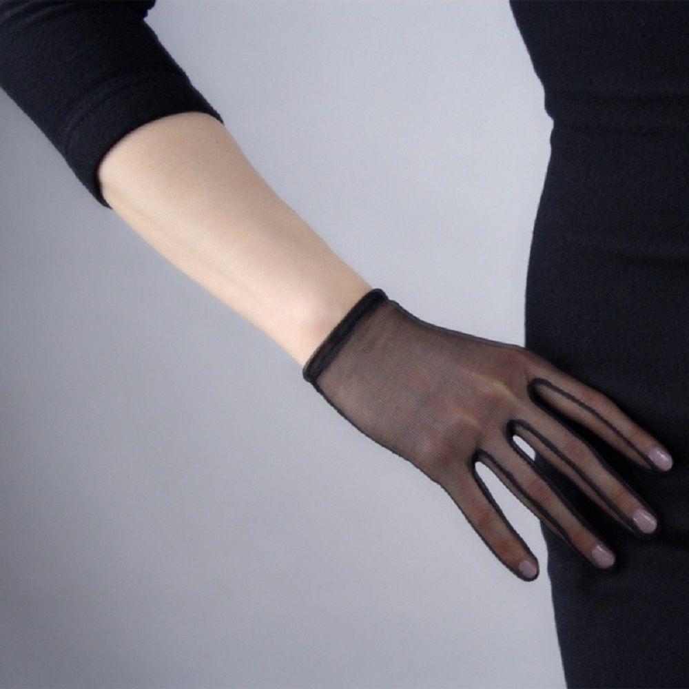 Girls White Faux Silk Transparent Black Ultra Thin Opera Gloves Finger Gloves Mesh Short Gloves