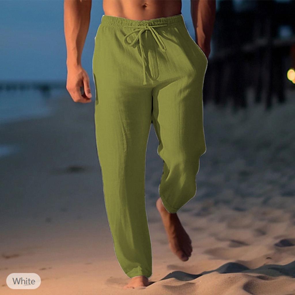 Брюки из хлопка и конопли, летние брюки, пляжные брюки, эластичный пояс на шнурке, прямые штанины, удобные, дышащие, повседневные мужские брюки