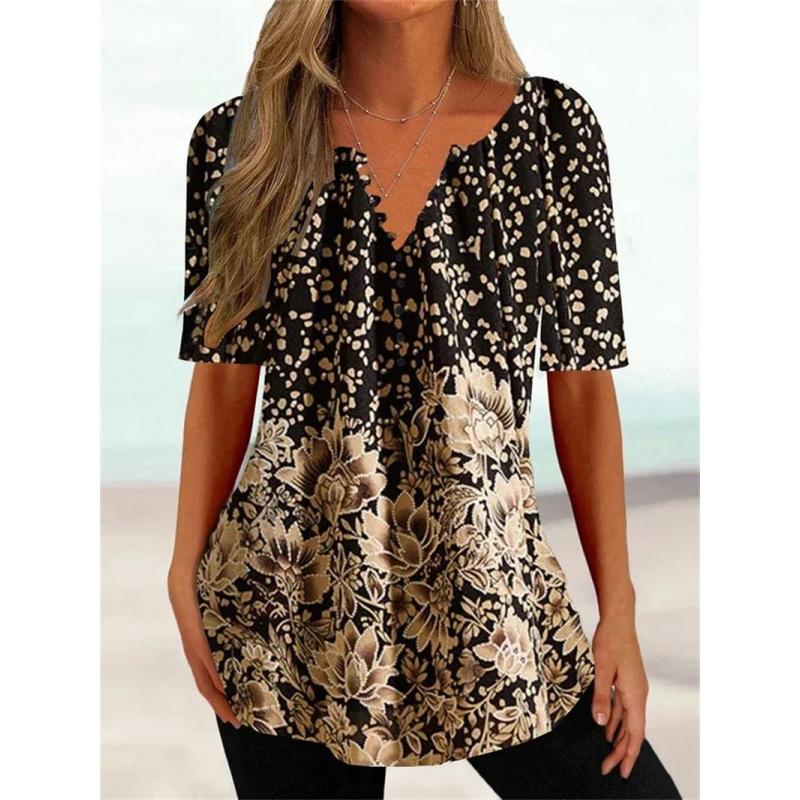 Trendy And Cool Women's Summer Loose V-neck Pullover Short-sleeved Button Printed T-shirt