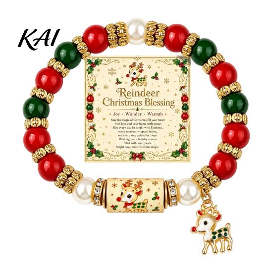Commemorative Holiday Blessing Gift Christmas Bracelets for Women, Beaded Charm Stretch Bracelet with Stretchy Bead Girls Card, Jewelry Stocking