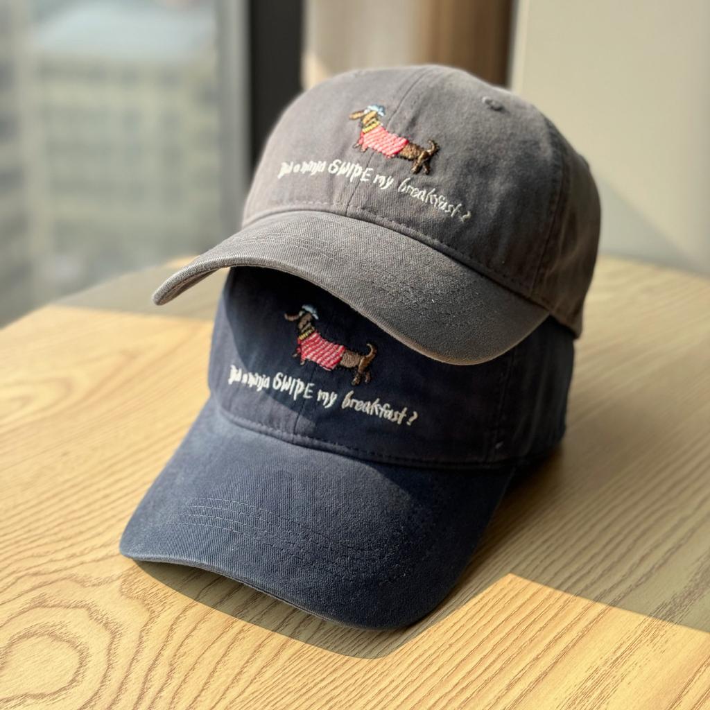 Hat female cartoon dachshund dog embroidery baseball cap versatile face small cap big head circumference sunshade sun protection hat
