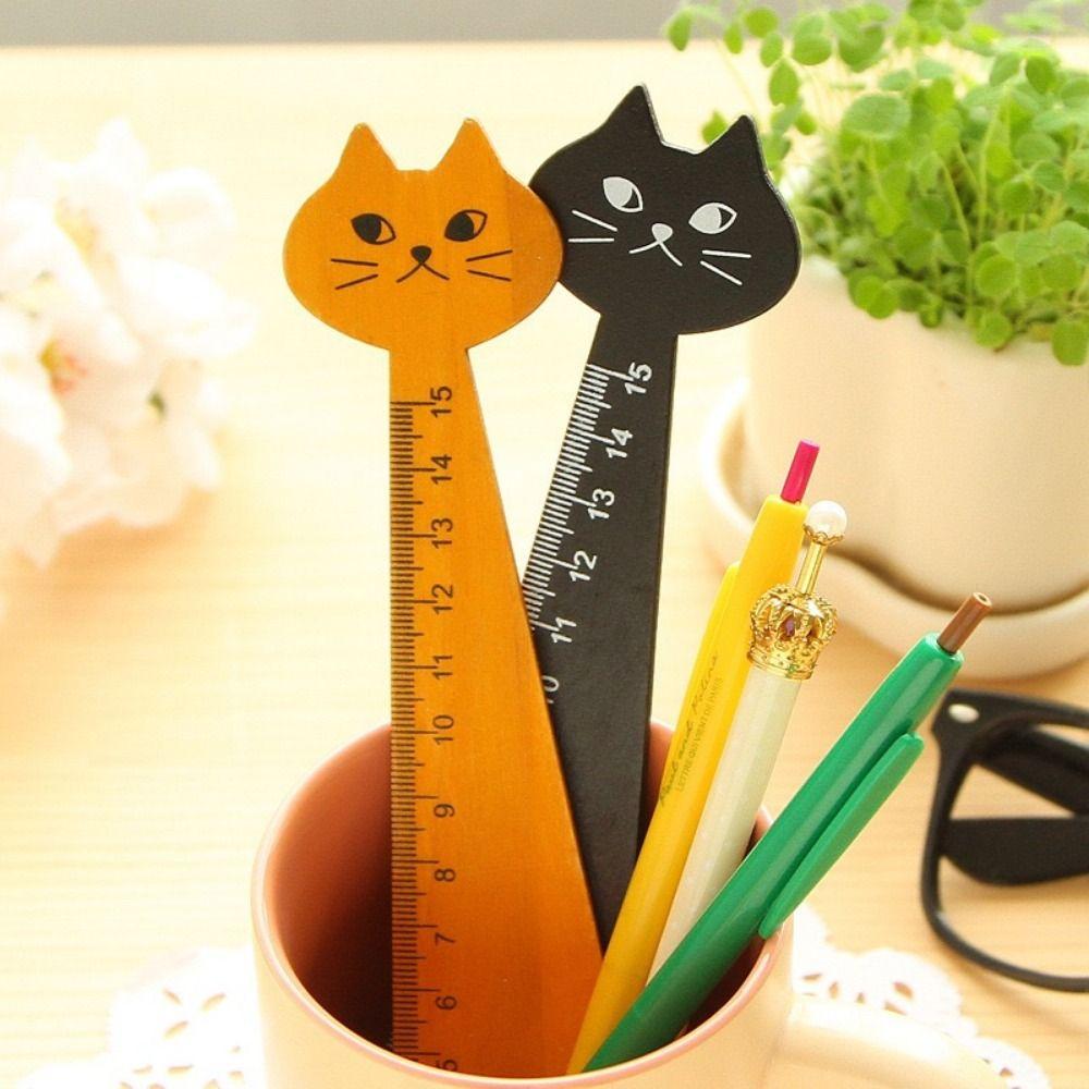 1PC Wooden Cute Cartoon Cat Household Straight Ruler Student Tools Sewing Ruler Drawing Ruler