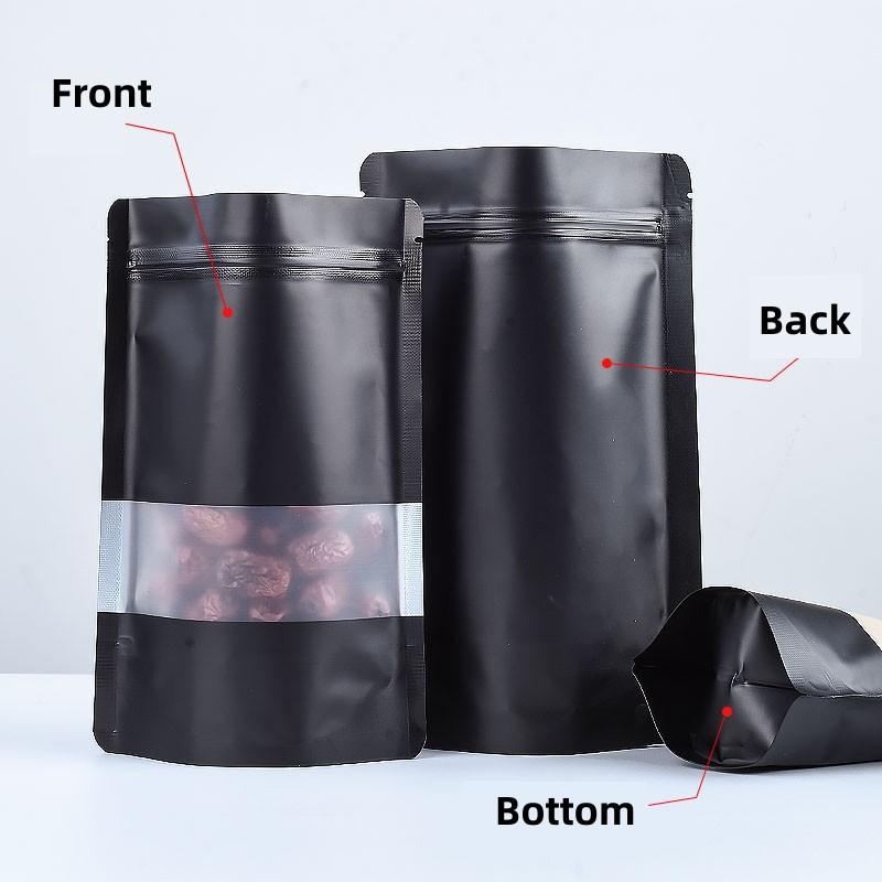 Matte Black Front Frosted Window Stand Up Ziplock Mylar Coffee Tea Dry Nut Food Packaging Custom Digital Printing Bag