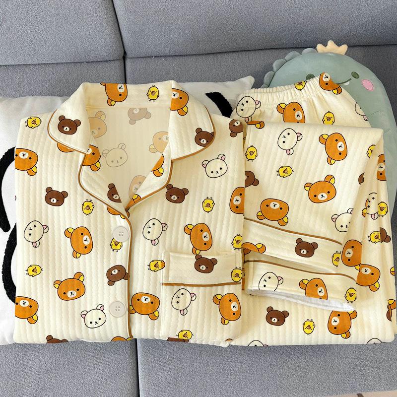 Air cotton pajamas women's autumn and winter interlayer warm long-sleeved suit cartoon embroidered loungewear real shot