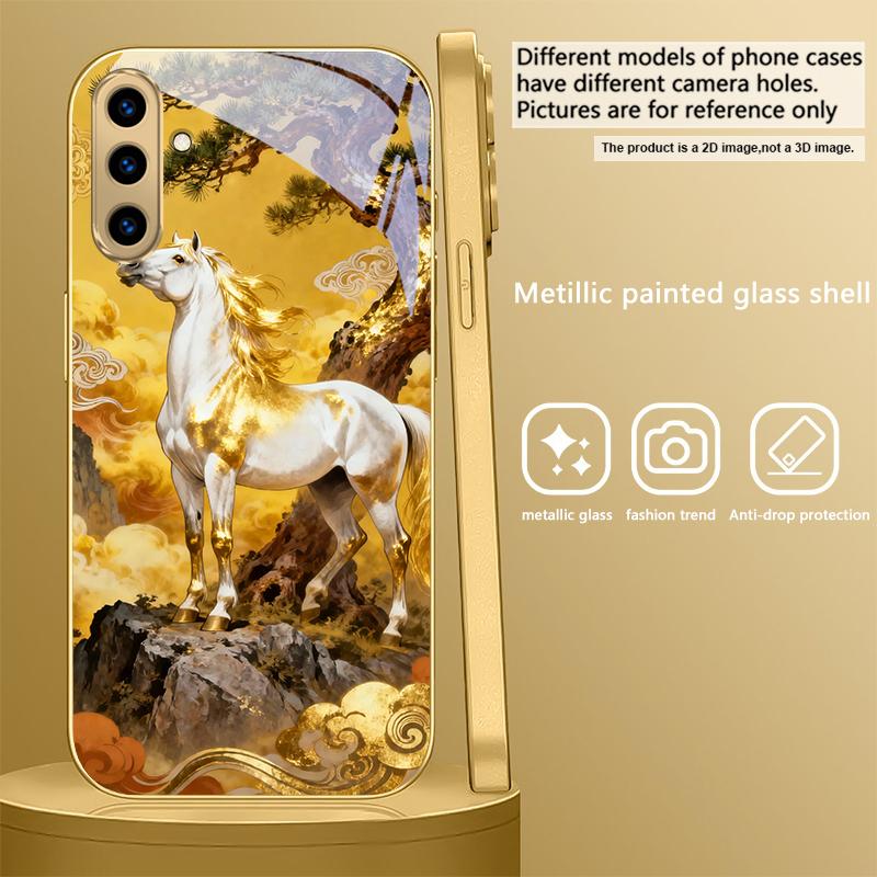 Высокая и крепкая лошадь Для Samsung A 01 52S A04 A05S A10 A12 A13 22 23 24 36 42 M02 Note 10 20Ultra 8 9 Золотой стеклянный чехол для телефона