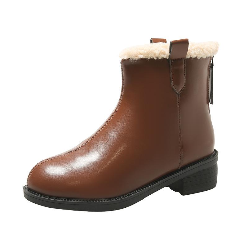 Короткие флисовые ботинки женские зимние 2025 года, новые толстые каблуки, круглые ботинки Martin, модные, простые и теплые, большие хлопковые ботинки больших размеров