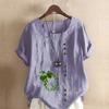 Women's New Fashion Linen Shirt Round Neck Short Sleeve Green Plants Printed T-shirt Summer Ladies Casual Blouse Tops