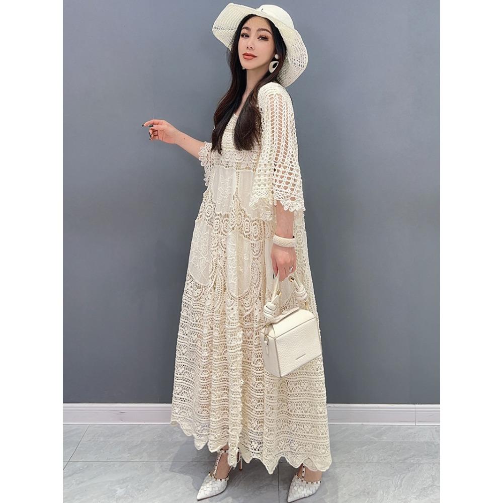 DIMANAF 2025 Лето Женщины Длинный Трикотажное Платье Рукав Базовые Модные Кружевные Платья Повседневные Свободные