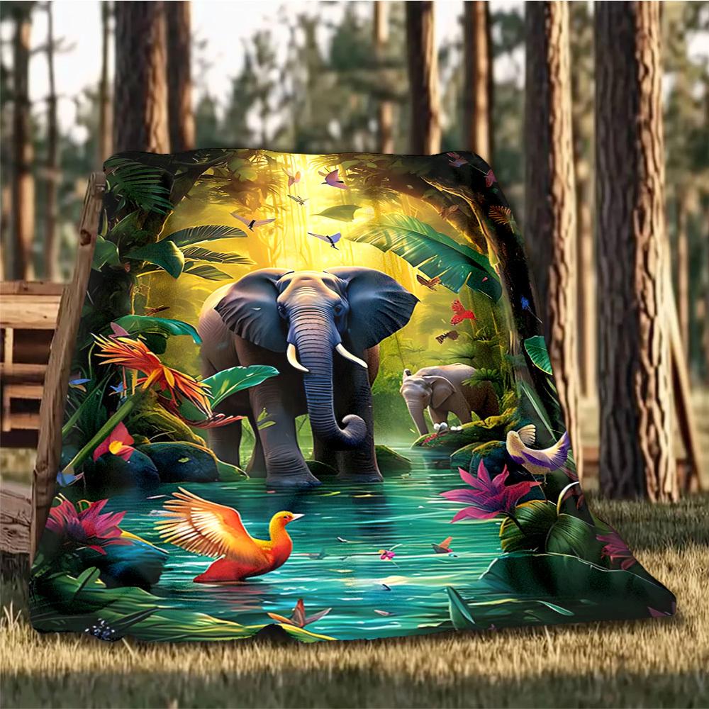 1pc Jungle Elephant Print Outdoor Blanket, Lightweight Polyester,